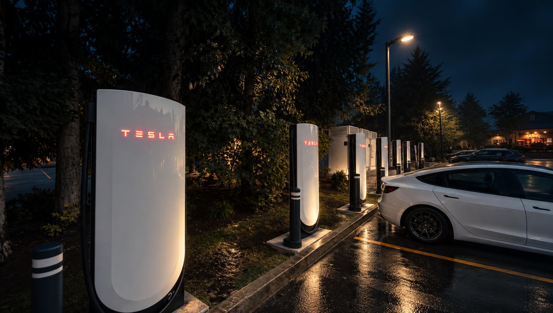 EV charging stalls glowing at night outside a commercial building